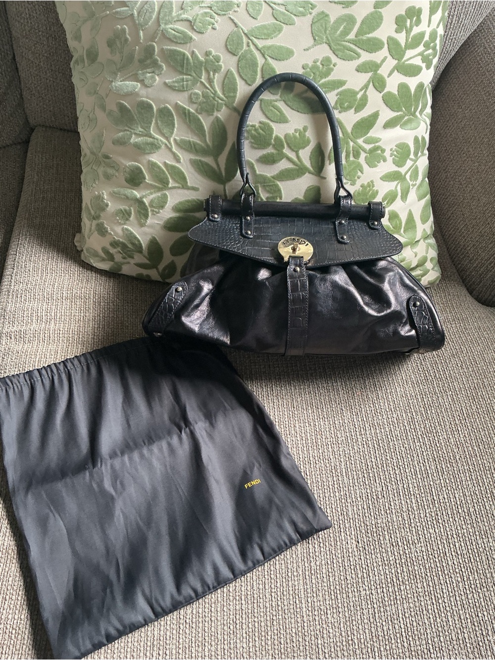 Fendi Black Leather Satchel with Croc-Texture Flap and Gold-Tone Closure